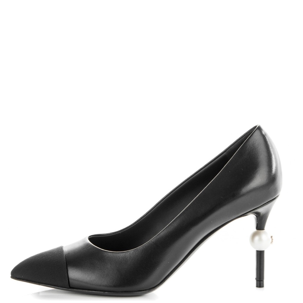 CHANEL Black Goatskin Leather w/ Black Grosgrain Cap Toe Pearl 65mm Pump Size 41